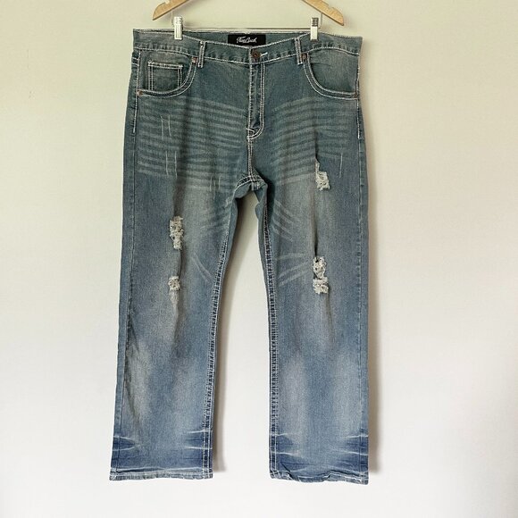 True Luck Jeans Mens 38x32 Blue Denim Stretch Distressed Whiskering Flap Pocket - Picture 1 of 11